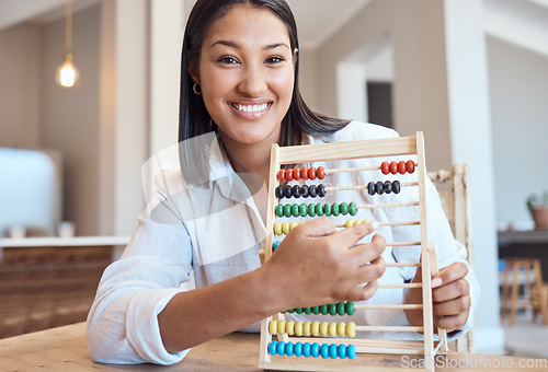 Image of Video call, woman or teacher with math abacus in lockdown homeschool lesson, webinar classroom or education learning. Portrait, smile or happy tutor vlog teaching quarantine students from house study