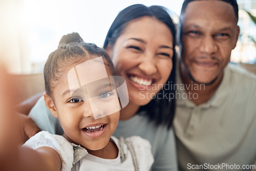 Image of Mother, father and child take a selfie as a happy family relaxing on a peaceful and calm weekend together. Portrait, mom and dad enjoy bonding and taking pictures with a young girl or child at home