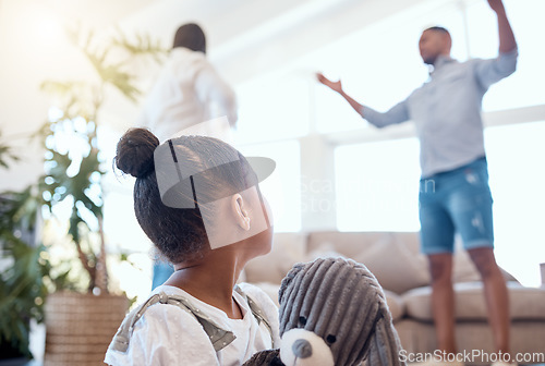 Image of Argument, divorce and scared child in the living room with a teddy bear for comfort in a modern house. Family, break up and parents fighting with disagreement in front of girl kid in lounge at a home