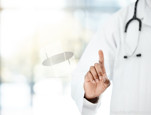 Image of Black man, doctor or finger pointing hand in hospital, wellness clinic or healthcare center for compliance, stop or protocol on mockup. Zoom, healthcare worker or insurance employee and medical rules