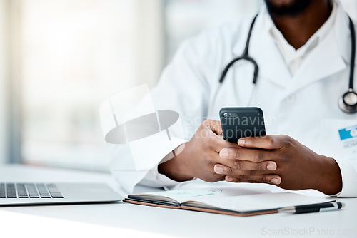Image of Black man, doctor hands or phone or laptop, notebook or mobile for medicine research, surgery schedule or life insurance planning. Zoom, healthcare worker or employee with technology for hospital web