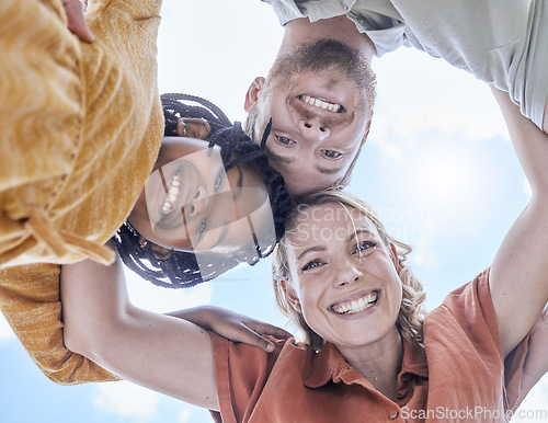 Image of Love, bottom and happy family hug from adoption child, mother and father bonding, have fun and enjoy quality time together. Happiness, huddle and blue sky portrait of black child, dad and mom playing