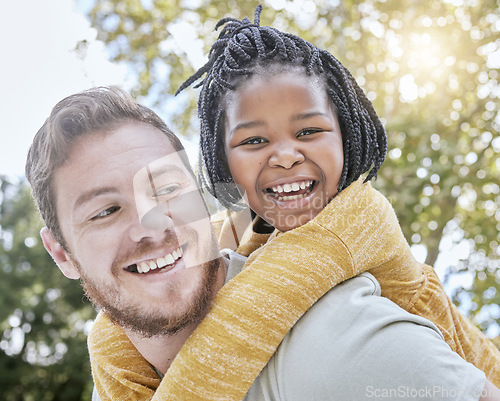 Image of Park, piggyback and father with girl kid in nature playing, bonding and exploring with bokeh. Happy, smile and portrait of an interracial child with her dad in an outdoor green garden or field.