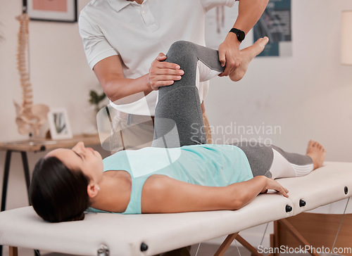 Image of Leg, physiotherapy and healthcare of woman at hospital for rehabilitation, recovery or wellness. Help, physical therapy or female patient with chiropractor for stretching, knee pain or injury healing