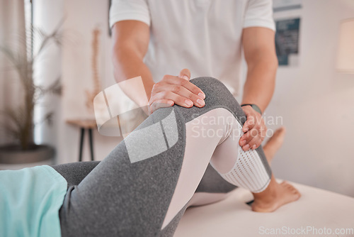 Image of Physical therapy, leg and chiropractor massage a woman patient in a health and wellness consultation. Physiotherapist, medical and healthcare of a consulting physio helping with a knee injury
