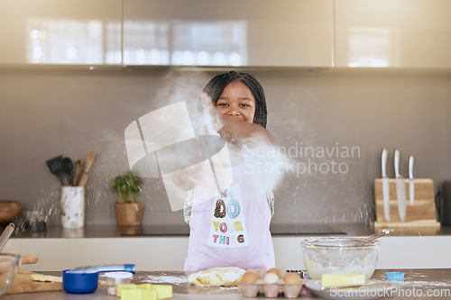 Image of Education, learning and portrait of black girl cooking in kitchen and having fun. Development, baking and happy kid chef playing with flour, preparing egg and delicious food recipes alone in house.