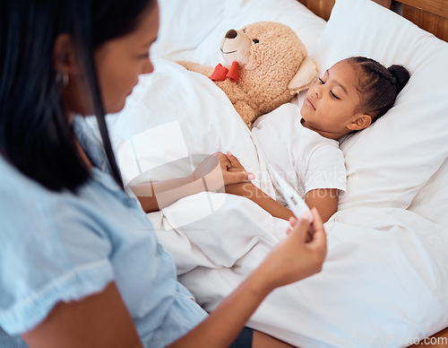 Image of Sick, thermometer and mother helping child in bed healthcare, virus check and monitor progress or healing development. Sad girl sleeping and mom nursing kid with test results or home health problem