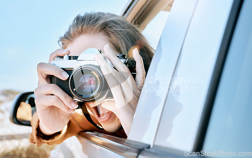 Image of Camera, car and road trip of a woman excited about holiday, adventure and motor travel transport. Photography of a happy person in transportation ready for vehicle traveling and summer vacation