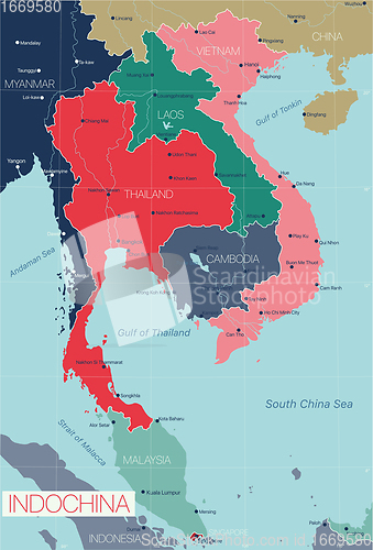 Image of Indochina detailed editable map