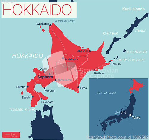 Image of Hokkaido island detailed editable map