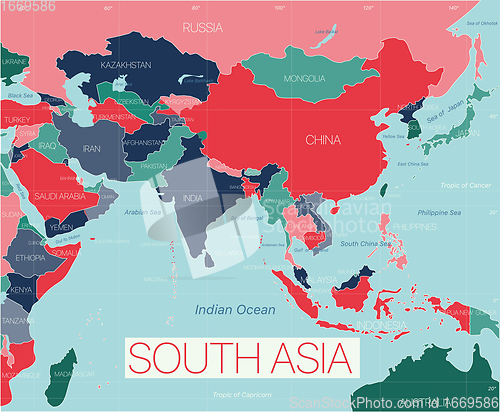 Image of South Asia region detailed editable map