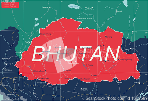 Image of Bhutan country detailed editable map