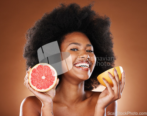 Image of Skincare, beauty and portrait of black woman with grapefruit for vitamin c, skin glow or natural facial routine. Food product, self care and face of nutritionist model with organic detox treatment
