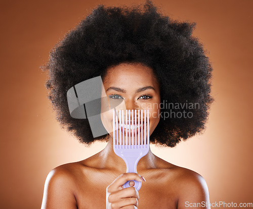 Image of Black woman afro, comb and smile for hair care, style or fashion against a studio background. Portrait of African American female smiling in satisfaction for beauty hairstyle or salon treatment