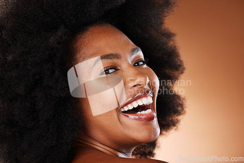 Image of Hair care, black woman and beauty with smile, afro and dental health, white teeth and healthy oral. Happy, cosmetic and skin health of a person with an afro with happiness or content face with joy