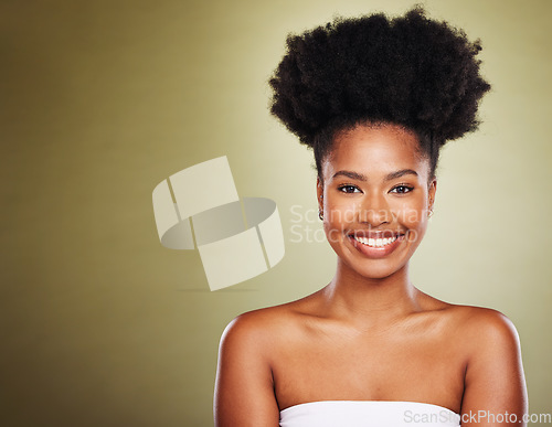 Image of Black woman afro, beauty smile and skincare for makeup cosmetics against a studio background. Portrait of African American female smiling in satisfaction or profile for cosmetic care or spa treatment