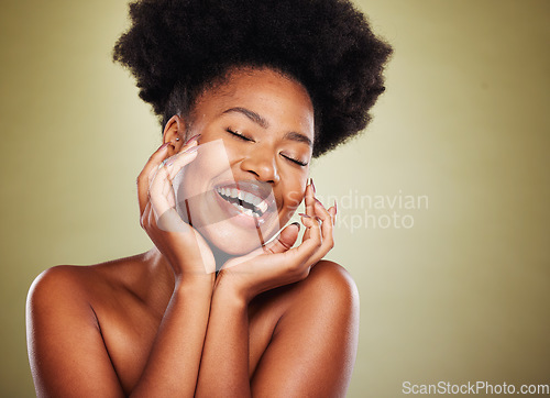 Image of Black woman, skincare and natural beauty, makeup and aesthetics, dermatology and cosmetics for shine, glow and healthy skin on studio background. Happy african model, facial wellness and body care