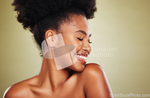 Image of Makeup, cosmetics and beauty mockup of model happy with self care treatment, wellness and luxury healthcare. Self love, facial routine and mock up face of black woman with natural aesthetic skincare