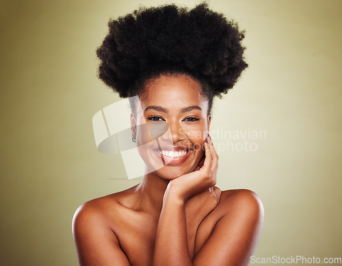 Image of Black woman, afro hair or skincare glow on studio background for natural hair promotion, self love or empowerment. Portrait, smile or happy beauty model with makeup cosmetics on green mockup backdrop