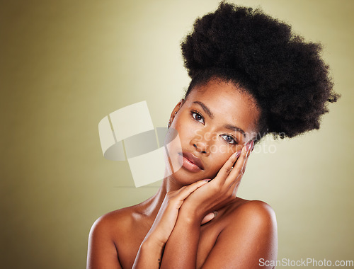 Image of Beauty, skincare and mockup portrait of model satisfied natural facial treatment, facial cosmetics or luxury makeup. Spa self care, healthy glowing skin and mock up face of black woman with self love