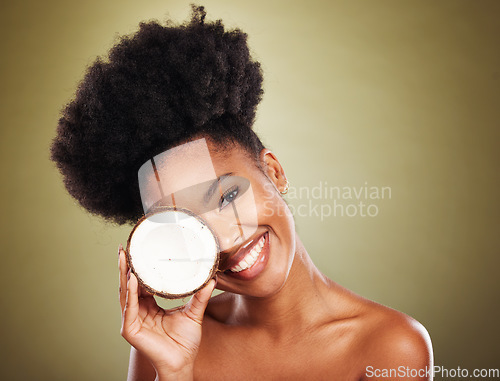 Image of Beauty, skincare and coconut with portrait of black woman for health, moisture and natural cosmetics. Spa, antioxidants and self care with girl model with clean, wellness and tropical nutrition