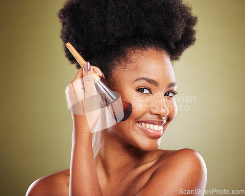 Image of Makeup, brush and portrait of black woman with facial product to apply foundation, cosmetics or daily skincare routine. Cosmetology, healthcare and aesthetic face of model happy with beauty treatment