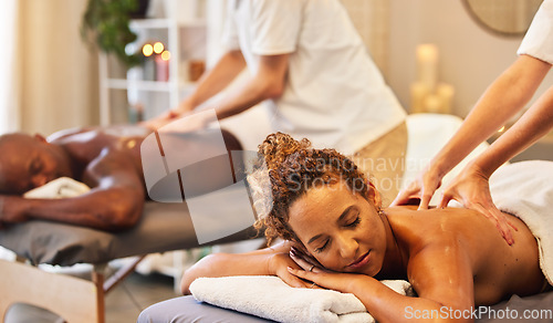 Image of Massage, spa and wellness with couple and massage therapist for therapy and stress relief, relax and peace together. Body care, luxury and holistic health with hands for back massage and zen.