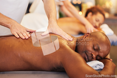 Image of Skincare, massage and physiotherapy hands for zen couple in spa for wellness, relax or health. Salon, luxury and black man and woman enjoy treatment by massage therapist on their vacation in Thailand