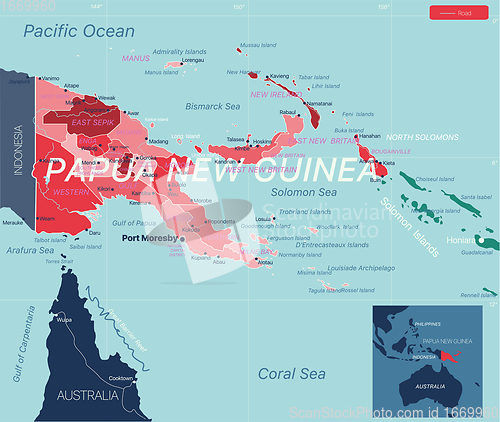 Image of Papua New Guinea country detailed editable map
