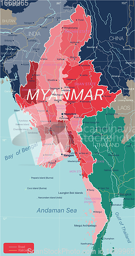 Image of Myanmar country detailed editable map