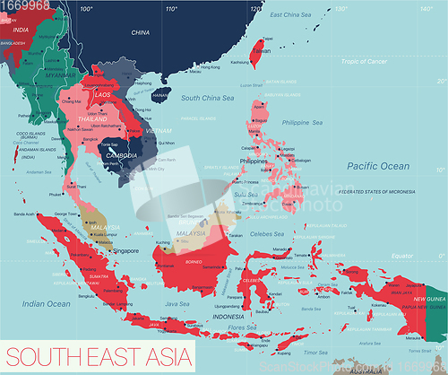 Image of South East Asia region detailed editable map