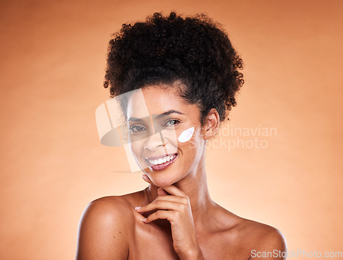 Image of Skincare cream, face product and black woman with dermatology creme for healthcare, acne or melasma prevention. Facial cosmetics, beauty treatment glow or portrait model with moisturizing skin lotion