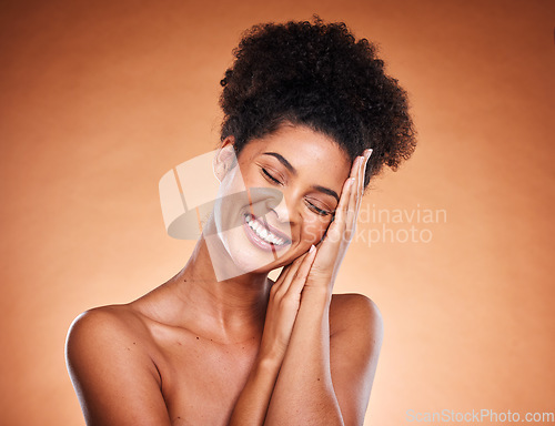 Image of Beauty skincare, self care and face of black woman with soft glowing skin, luxury facial care or satisfied with natural treatment. Makeup, dermatology and aesthetic model happy with self love routine