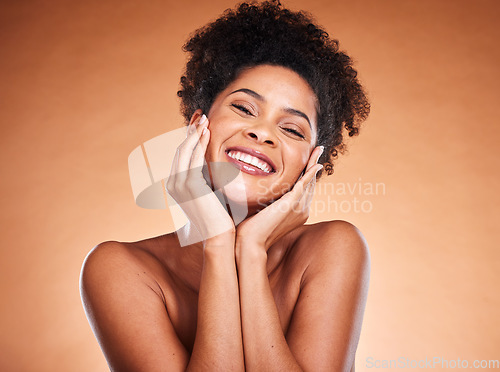 Image of Beauty, self care and face portrait of black woman satisfied with self love treatment, skincare routine and natural cosmetics. Dermatology, luxury makeup and African girl happy with facial skin glow