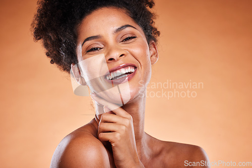 Image of Black woman, beauty and smile for skincare, makeup or cosmetics against a studio background. Portrait of African American female smiling in satisfaction for healthy cosmetic or facial treatment