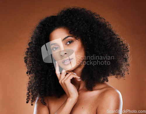 Image of Skincare, beauty and portrait of a black woman in a studio with healthy, natural and face routine. Wellness, face and African model with health, facial and cosmetic skin treatment by brown background