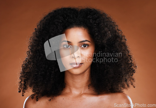 Image of Beauty, hair care and portrait of black woman with skincare treatment, luxury facial cosmetics or clean glowing skin. Self care routine, makeup and face of model with afro hair volume after spa salon