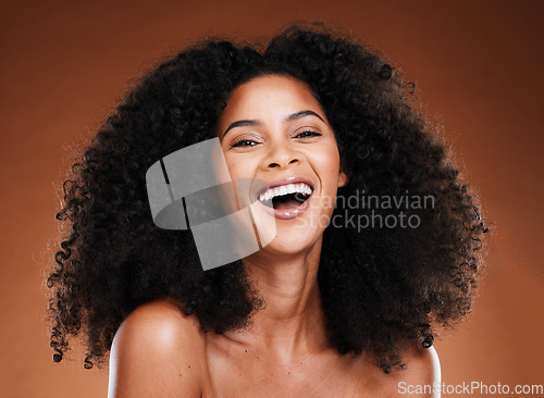 Image of Black woman afro, beauty and smile for skincare, makeup or cosmetics against a studio background. Portrait of African American female model smiling in happiness or satisfaction for perfect skin