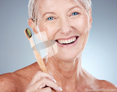 Image of Mature woman, portrait and toothbrush for dental health, hygiene and wellness and oral care. Dental, oral and teeth for clean treatment to prevent cavity with mouth hygiene for oral health