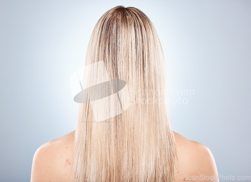 Image of Woman, hair and back of a blonde lady with keratin treatment hairstyle or grooming. Beauty salon, natural blond or glossy haircare of a person with straightened style, cosmetology and balayage