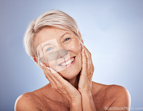 Image of Skincare, senior woman and portrait in studio for healthy glow, natural makeup or antiaging facial on mockup marketing or advertising space. Happy face, old woman model and skin care health headshot