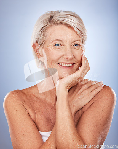 Image of Beauty, skincare and portrait of mature woman with smile on face on blue background. Health, wellness and retirement, happy senior lady with skin care facial enjoying healthy lifestyle and body care.