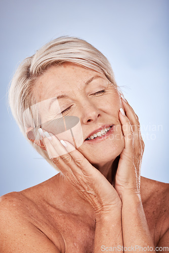 Image of Woman, face and closed eyes for skincare beauty or relax natural skin wellness in studio. Luxury cosmetics makeup, hands on facial treatment or healthy, anti aging and skin or body lifestyle