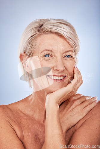 Image of Senior woman, beauty and face, skincare and dermatology wellness for wrinkles, anti aging cosmetics and healthy skin on studio background. Portrait of happy mature lady, body care and aesthetic glow