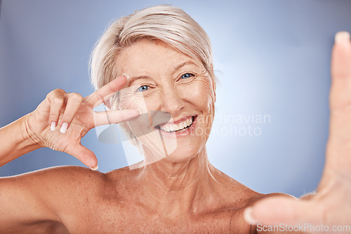 Image of Mature woman, peace sign or face selfie on studio background in wellness health success, dermatology progress or fun self love. Portrait, happy smile or skincare beauty model in cool hand gesture pov