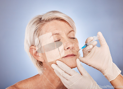 Image of Plastic surgery, injection and senior woman with hands of doctor for medical beauty against grey studio background. Skincare, wellness and elderly patient with needle for facial lifting and cosmetics