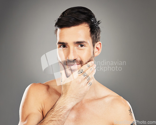 Image of Beauty, skincare and portrait of man with beard thinking of shave or facial hair growth. Health, wellness and luxury cosmetic skin care for male model with tattoo touching face on studio background.