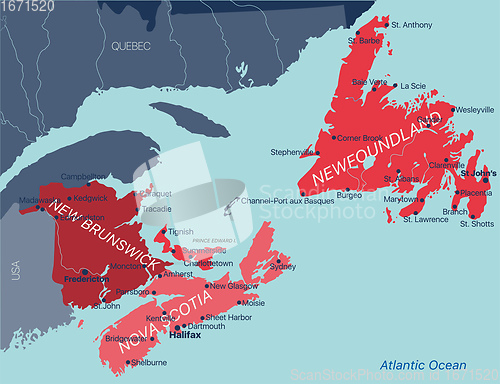 Image of Vector color editable map of Atlantic provinces of Canada New Brunswick, Nova Scotia, Prince Edward Island and province of Newfoundland