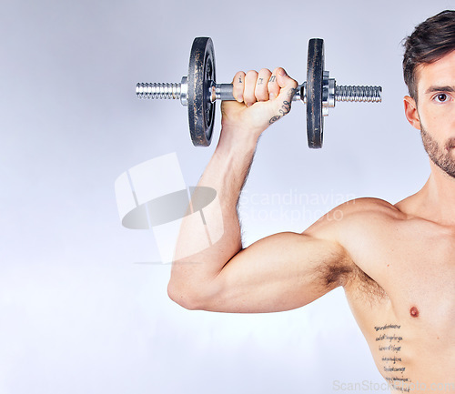 Image of Dumbbell, exercise and portrait of man in studio isolated on a gray background. Workout, health and bodybuilder or fitness model weightlifting, exercising and training for muscle or strength mock up.