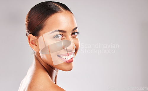 Image of Beauty, skincare portrait and smile of a woman wellness model feeling happy about glow. Girl after dermatology facial, health and cosmetic skin treatment for healthy face with happiness